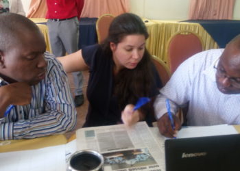 AFIC Executive Director Gilbert Sendugwa (R), Sarah Faguet the program Officer Africa Freedom of Information Center and Andyson Agaba a journalist during the media training