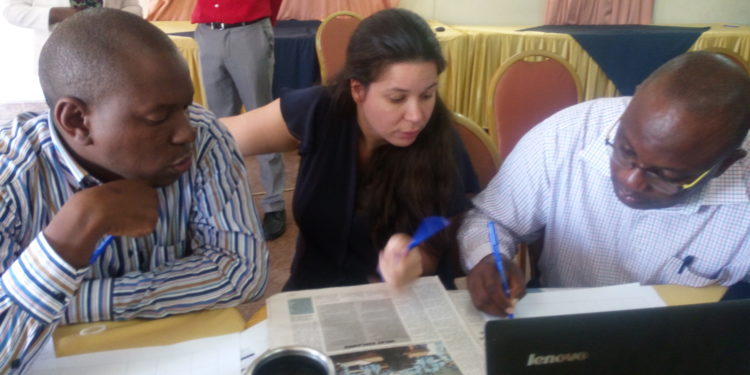 AFIC Executive Director Gilbert Sendugwa (R), Sarah Faguet the program Officer Africa Freedom of Information Center and Andyson Agaba a journalist during the media training